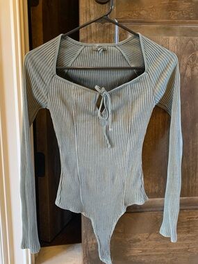 aerie Ribbed Tie-Front Long Sleeve Bodysuit - Sage